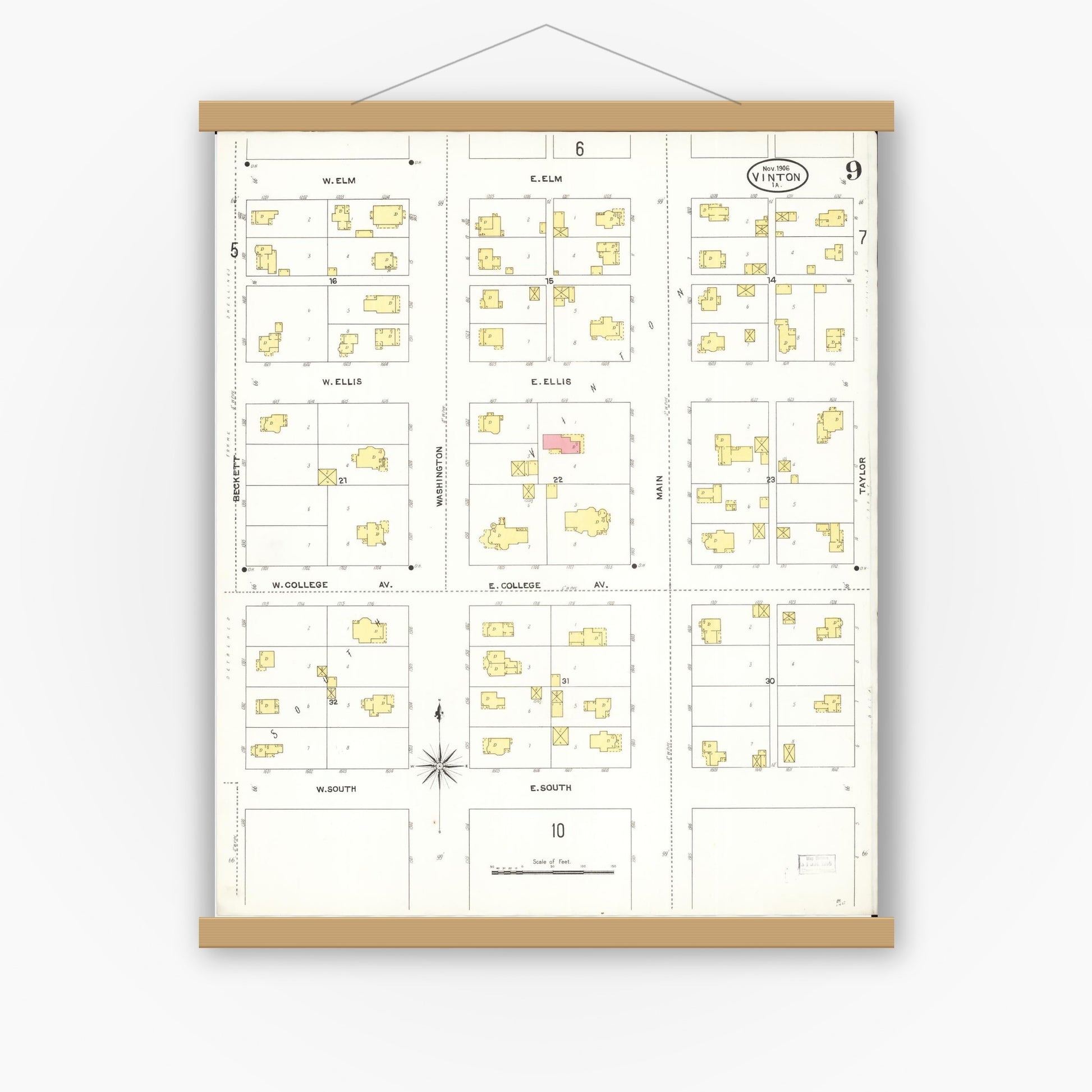 Old map wall art mockup — magnetic wood frame on white wall — Sanborn Fire Insurance Map from Vinton, Benton County, Iowa (1906), Sheet #0009