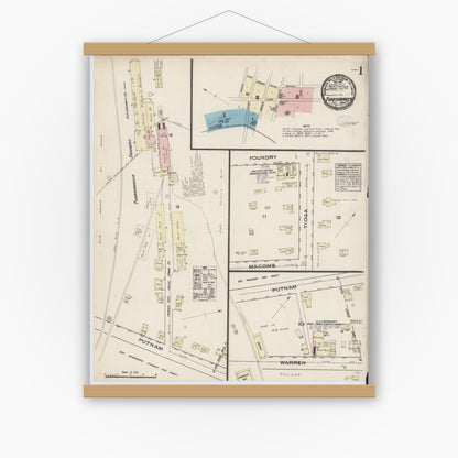 Old map wall art mockup — magnetic wood frame on white wall — Sanborn Fire Insurance Map from Tunkhannock, Wyoming County, Pennsylvania (1884) - Complete Map Set
