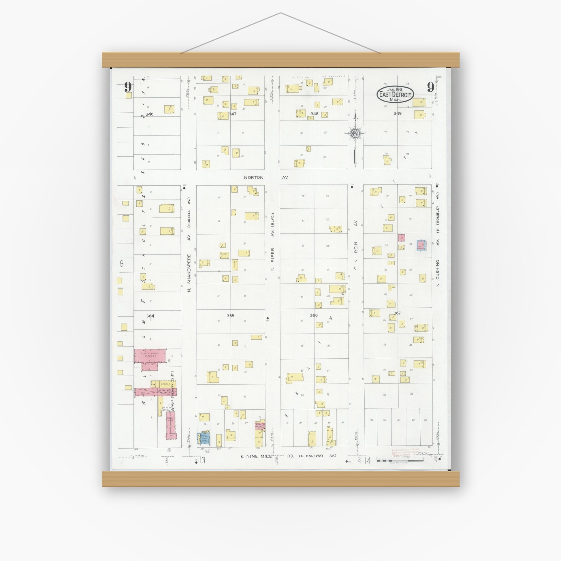 Old map wall art mockup — magnetic wood frame on white wall — Sanborn Fire Insurance Map from East Detroit, Macomb County, Michigan (1931), Sheet #0009