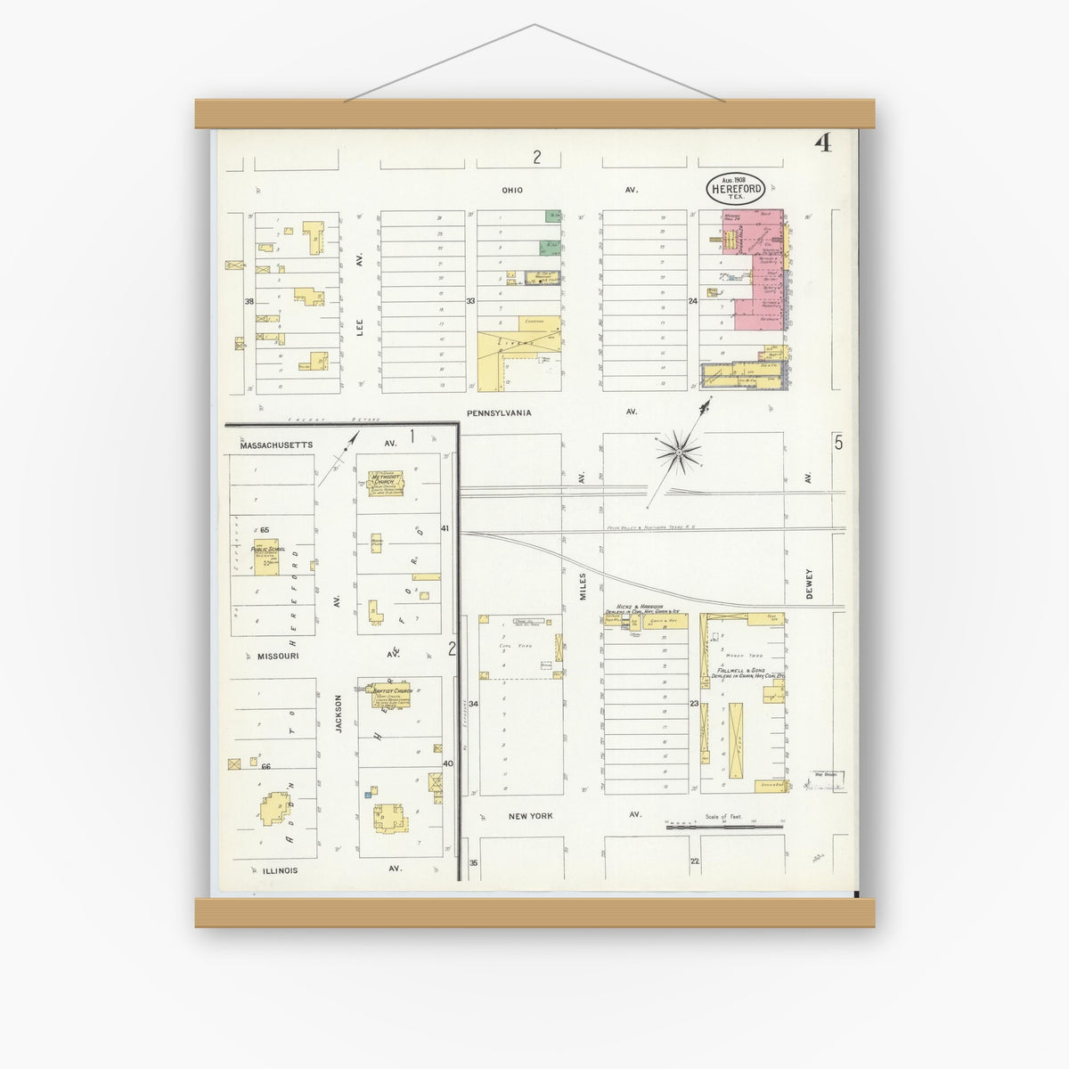 Old map wall art mockup — magnetic wood frame on white wall — Sanborn Fire Insurance Map from Hereford, Deaf Smith County, Texas (1908), Sheet #0004