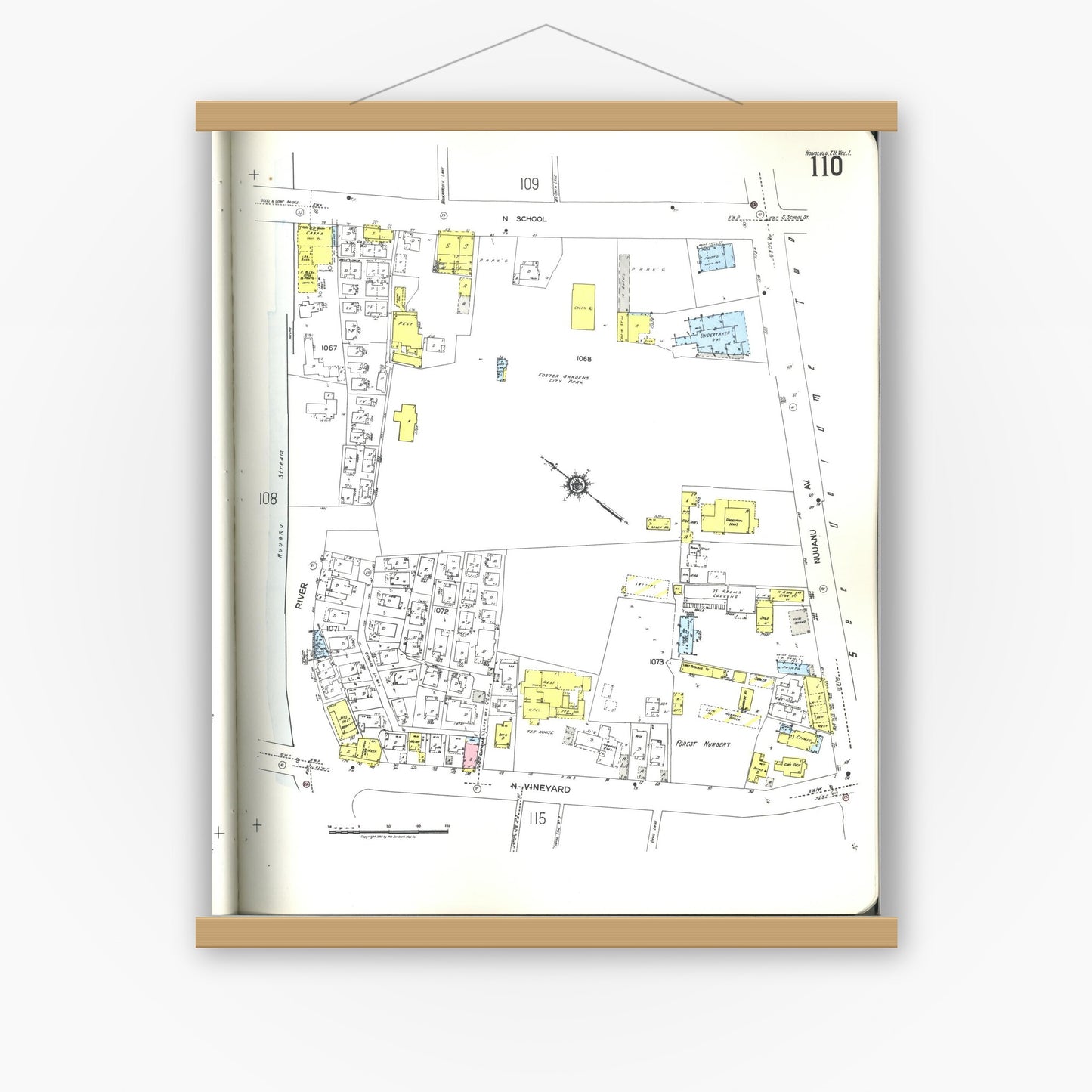 Old map wall art mockup — magnetic wood frame on white wall — Sanborn Fire Insurance Map from Honolulu, Oahu County, Hawaii (1955), Sheet #0110