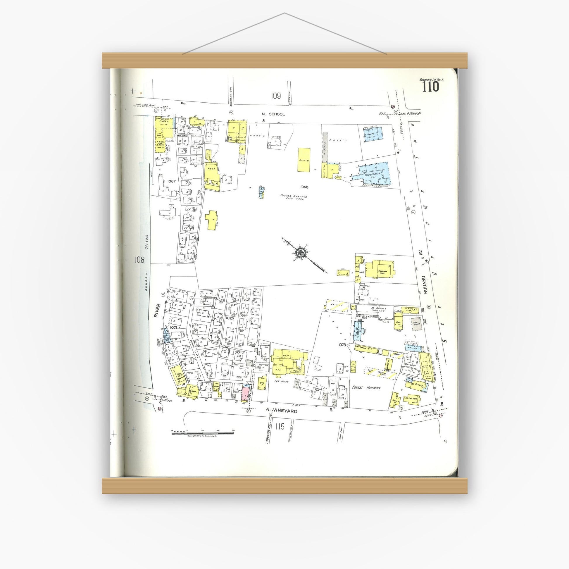 Old map wall art mockup — magnetic wood frame on white wall — Sanborn Fire Insurance Map from Honolulu, Oahu County, Hawaii (1955), Sheet #0110