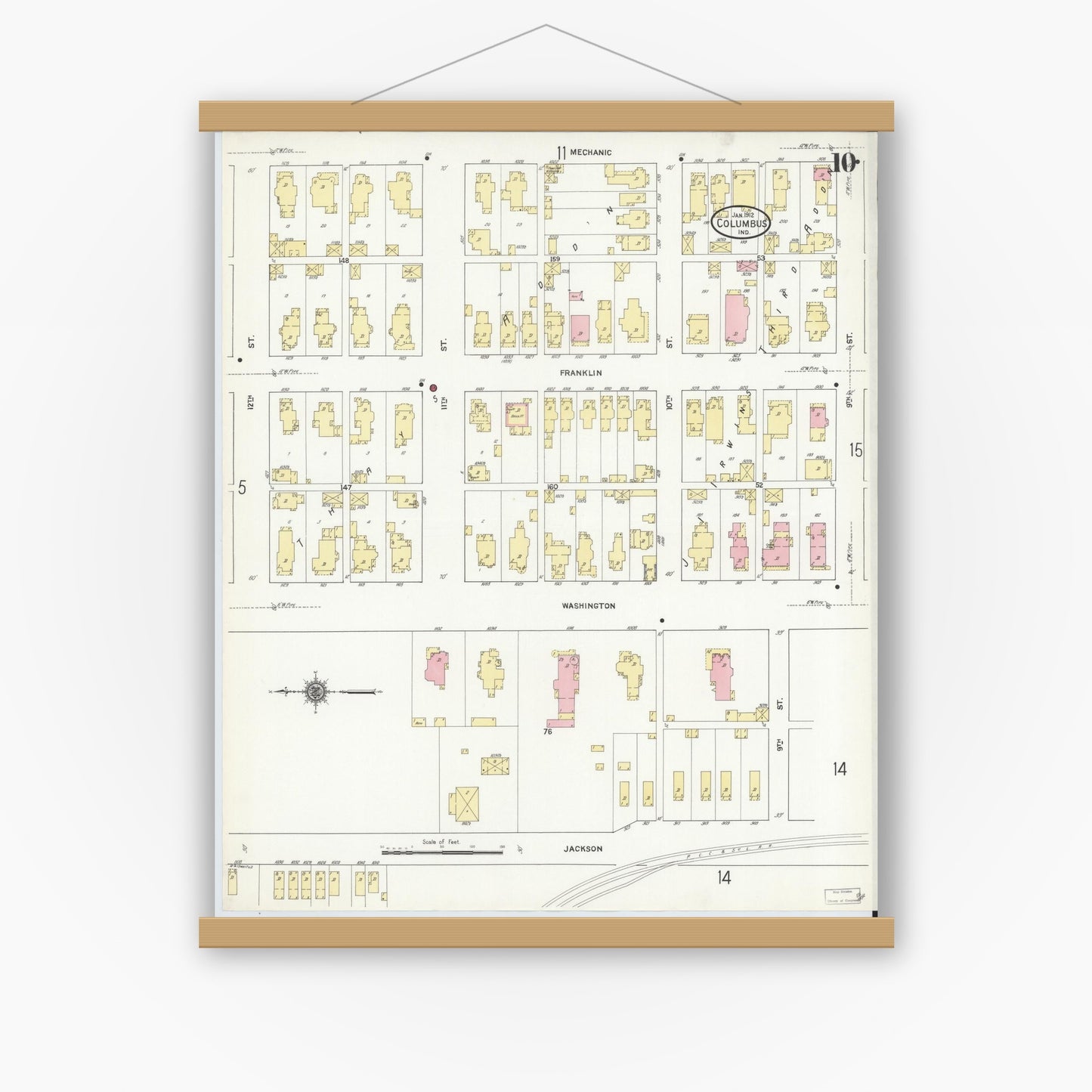 Old map wall art mockup — magnetic wood frame on white wall — Sanborn Fire Insurance Map from Columbus, Bartholomew County, Indiana (1912), Sheet #0010