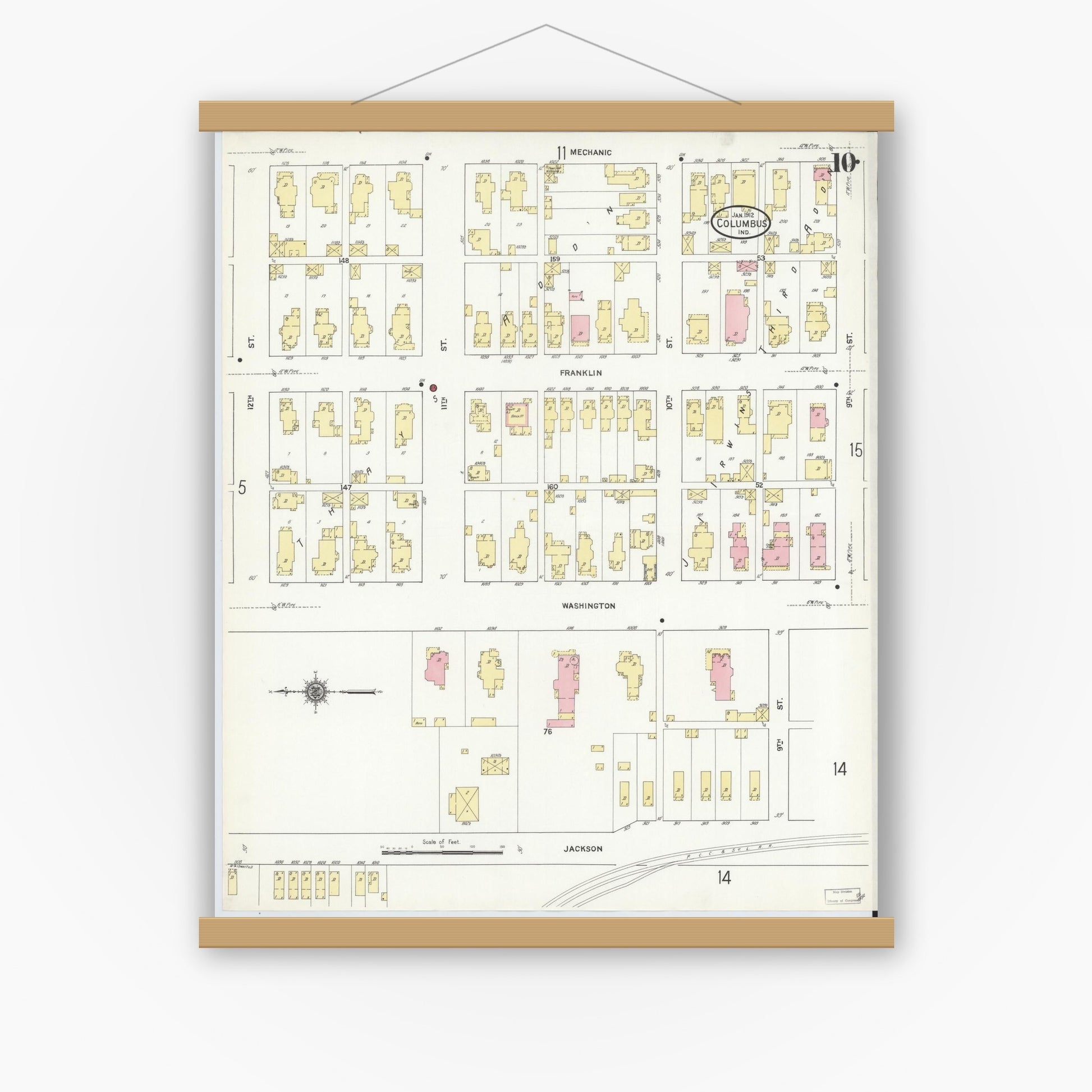 Old map wall art mockup — magnetic wood frame on white wall — Sanborn Fire Insurance Map from Columbus, Bartholomew County, Indiana (1912), Sheet #0010