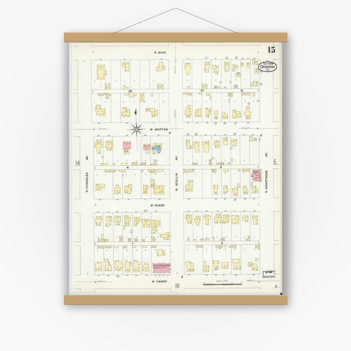 Old map wall art mockup — magnetic wood frame on white wall — Sanborn Fire Insurance Map from Denison, Grayson County, Texas (1908), Sheet #0015
