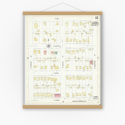 Old map wall art mockup — magnetic wood frame on white wall — Sanborn Fire Insurance Map from Denison, Grayson County, Texas (1908), Sheet #0015
