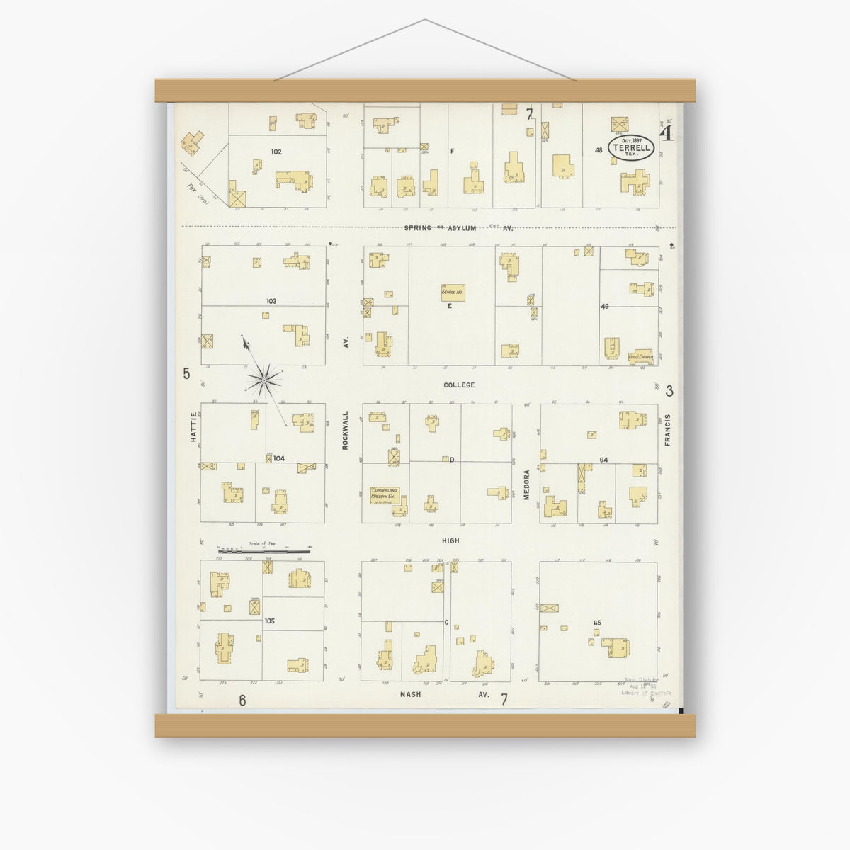 Old map wall art mockup — magnetic wood frame on white wall — Sanborn Fire Insurance Map from Terrell, Kaufman County, Texas (1897), Sheet #0004