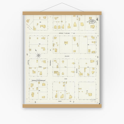 Old map wall art mockup — magnetic wood frame on white wall — Sanborn Fire Insurance Map from Terrell, Kaufman County, Texas (1897), Sheet #0004