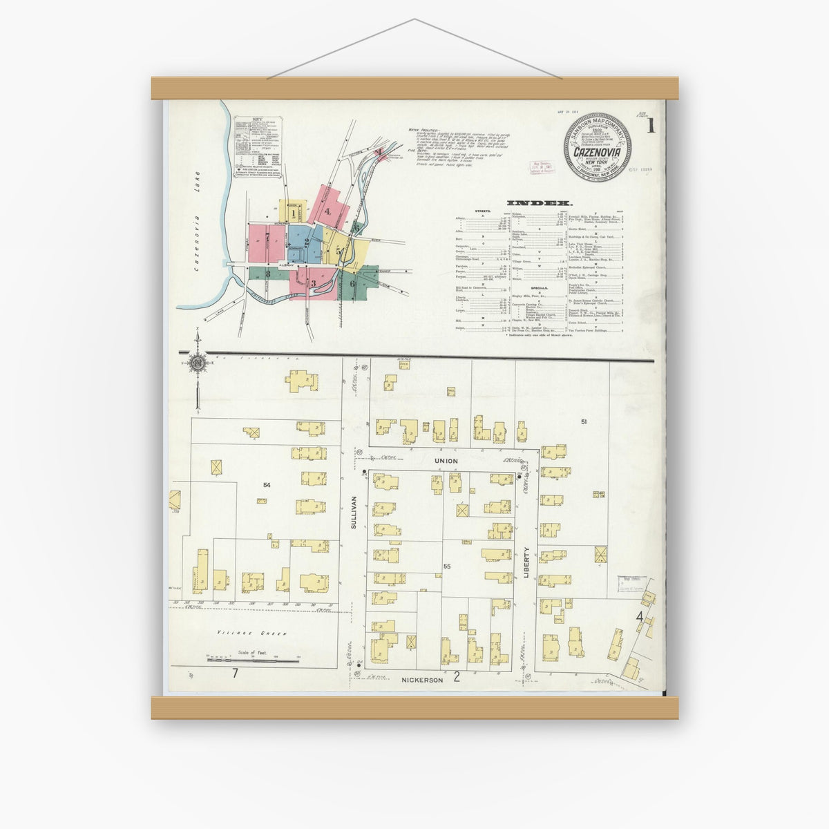 Old map wall art mockup — magnetic wood frame on white wall — Sanborn Fire Insurance Map from Cazenovia, Madison County, New York (1911) - Complete Map Set