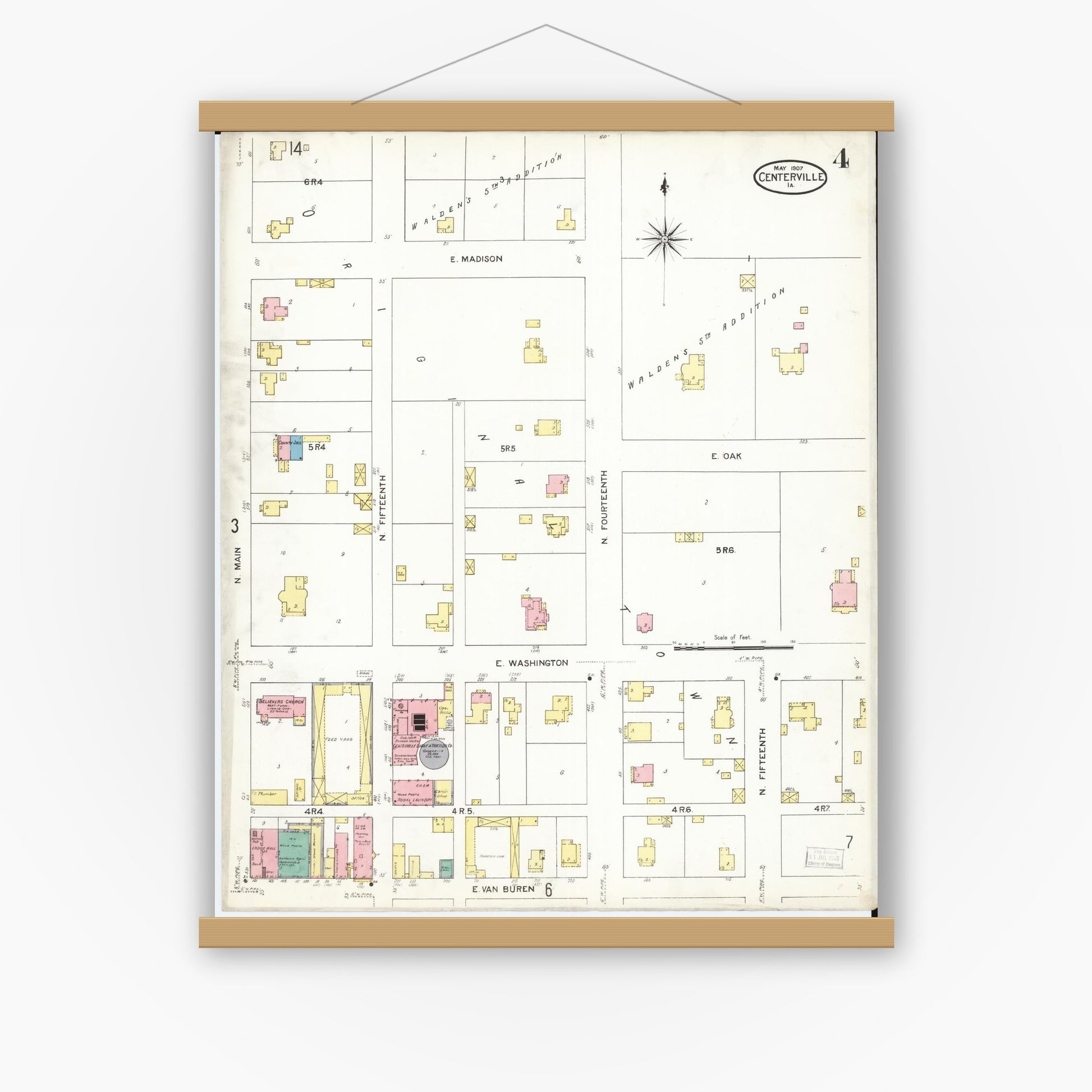 Old map wall art mockup — magnetic wood frame on white wall — Sanborn Fire Insurance Map from Centerville, Appanoose County, Iowa (1907), Sheet #0004