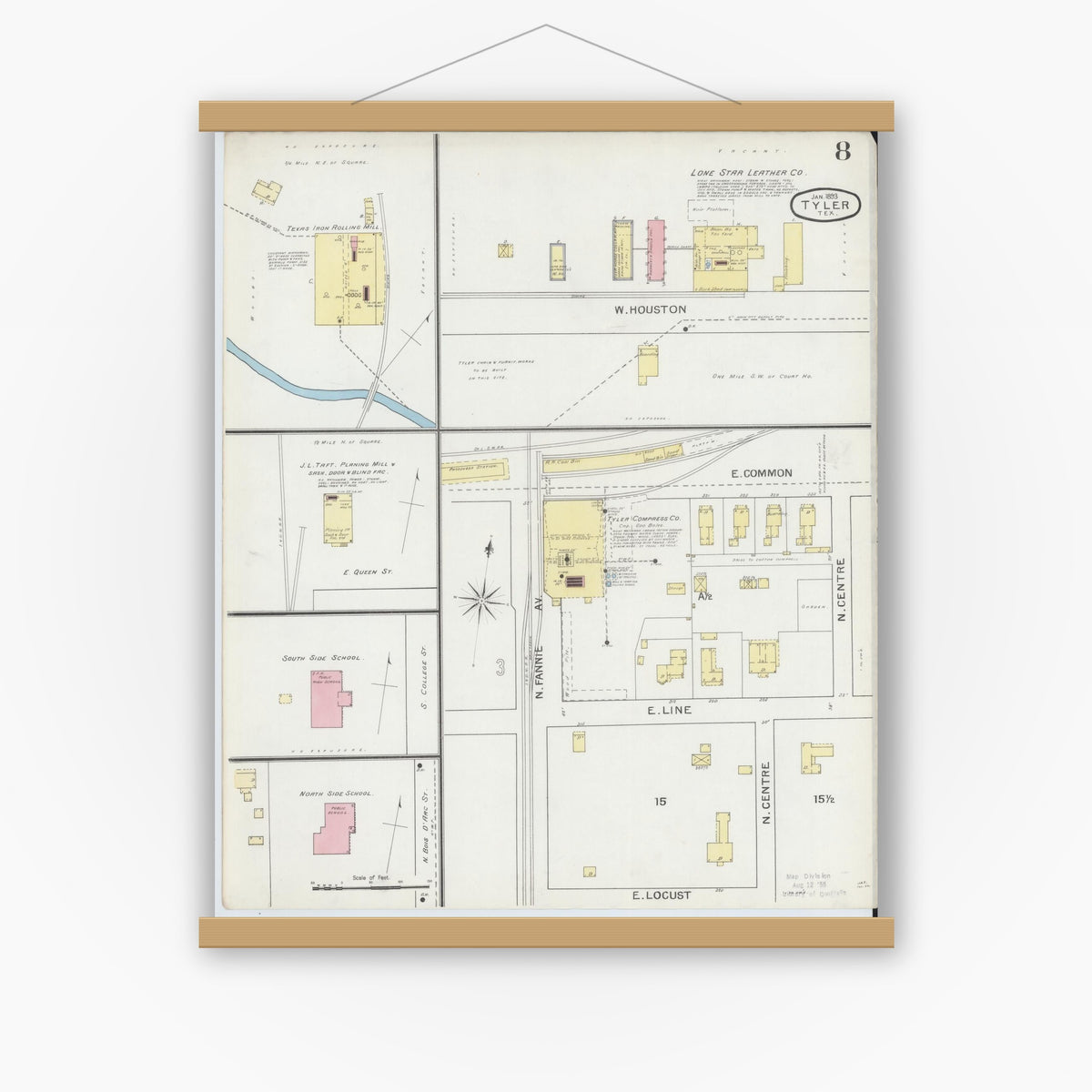 Old map wall art mockup — magnetic wood frame on white wall — Sanborn Fire Insurance Map from Tyler, Smith County, Texas (1893), Sheet #0008
