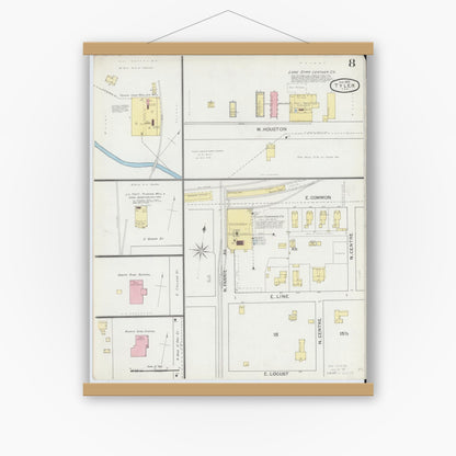Old map wall art mockup — magnetic wood frame on white wall — Sanborn Fire Insurance Map from Tyler, Smith County, Texas (1893), Sheet #0008
