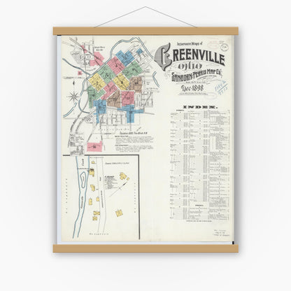 Old map wall art mockup — magnetic wood frame on white wall — Sanborn Fire Insurance Map from Greenville, Darke County, Ohio (1898) - Complete Map Set