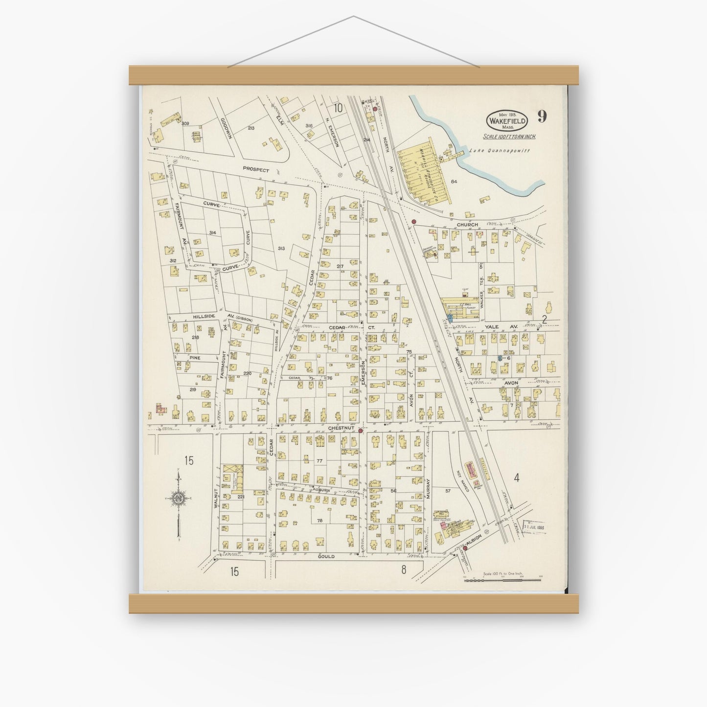 Old map wall art mockup — magnetic wood frame on white wall — Sanborn Fire Insurance Map from Wakefield, Middlesex County, Massachusetts (1915), Sheet #0009