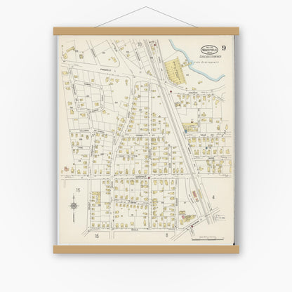 Old map wall art mockup — magnetic wood frame on white wall — Sanborn Fire Insurance Map from Wakefield, Middlesex County, Massachusetts (1915), Sheet #0009