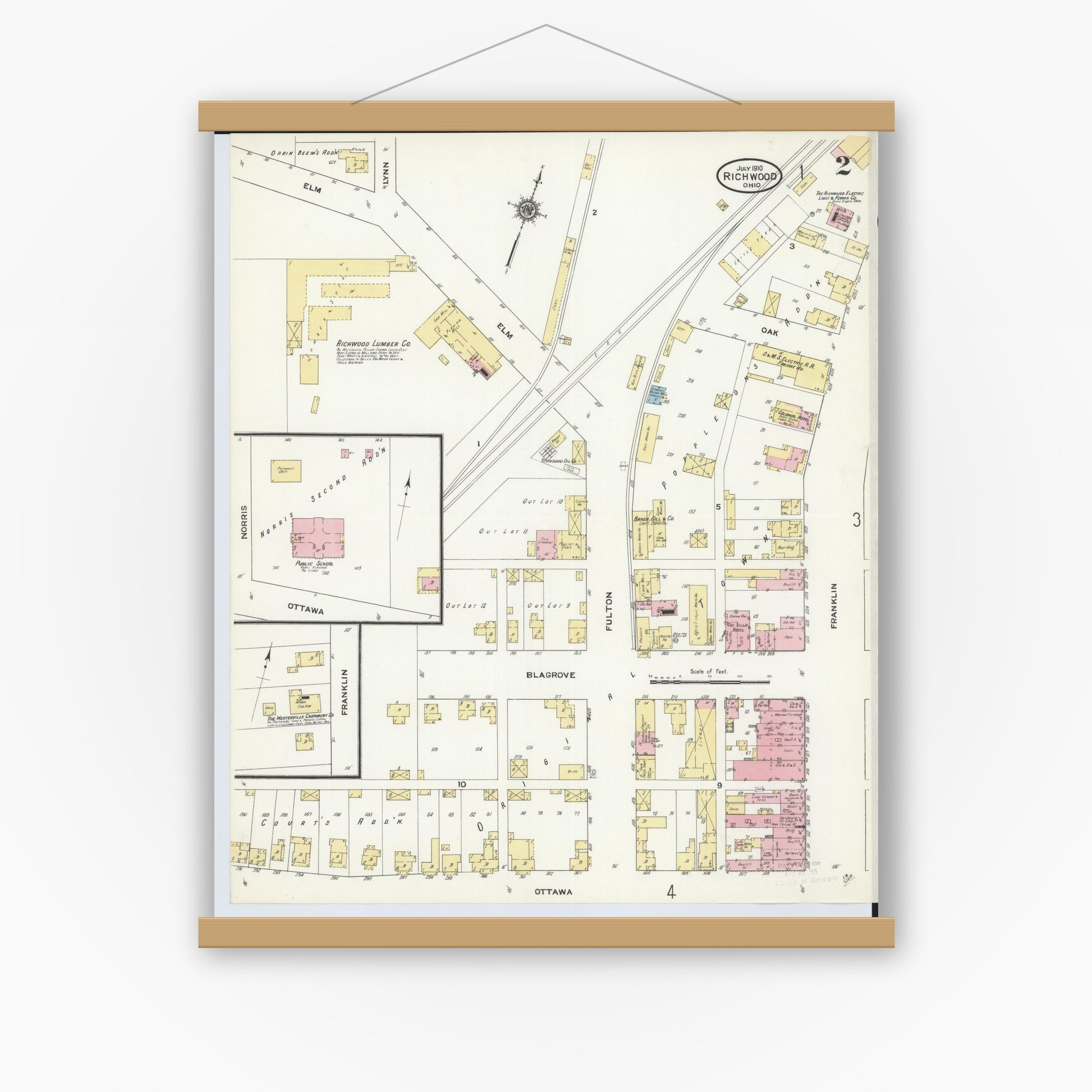 Old map wall art mockup — magnetic wood frame on white wall — Sanborn Fire Insurance Map from Richwood, Union County, Ohio (1910), Sheet #0002