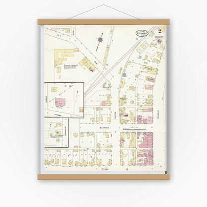 Old map wall art mockup — magnetic wood frame on white wall — Sanborn Fire Insurance Map from Richwood, Union County, Ohio (1910), Sheet #0002