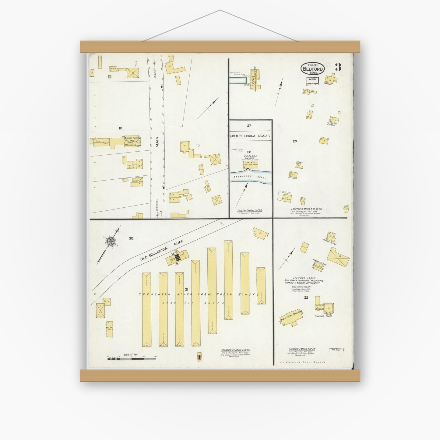 Old map wall art mockup — magnetic wood frame on white wall — Sanborn Fire Insurance Map from Bedford, Middlesex County, Massachusetts (1916), Sheet #0003