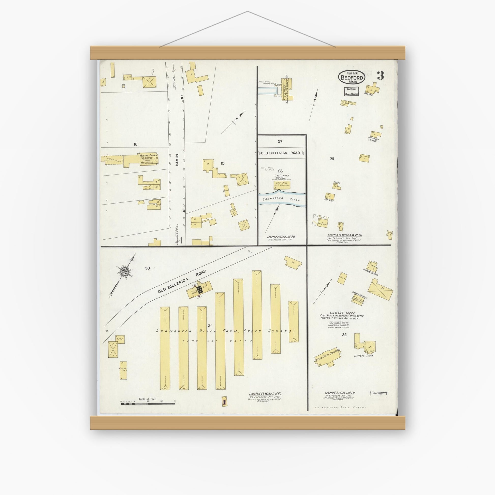 Old map wall art mockup — magnetic wood frame on white wall — Sanborn Fire Insurance Map from Bedford, Middlesex County, Massachusetts (1916), Sheet #0003