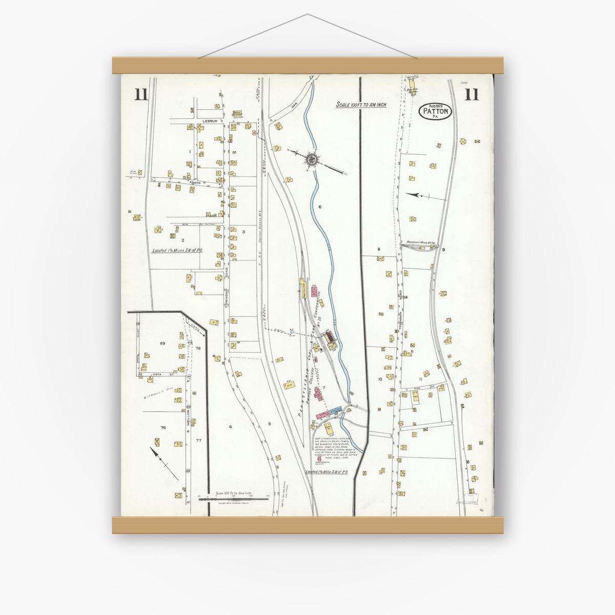 Old map wall art mockup — magnetic wood frame on white wall — Sanborn Fire Insurance Map from Patton, Cambria County, Pennsylvania (1923), Sheet #0011