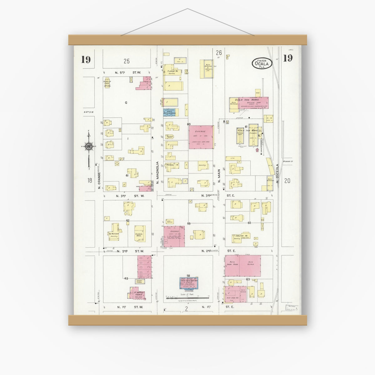 Old map wall art mockup — magnetic wood frame on white wall — Sanborn Fire Insurance Map from Ocala, Marion County, Florida (1924), Sheet #0019