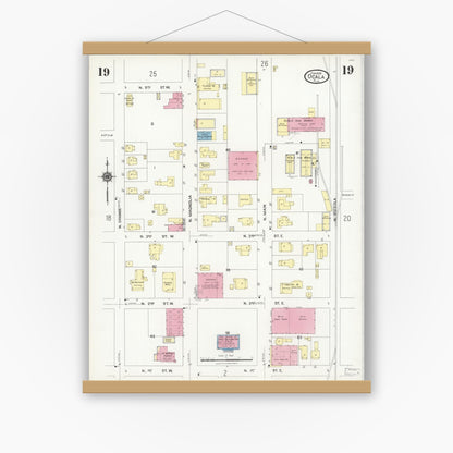 Old map wall art mockup — magnetic wood frame on white wall — Sanborn Fire Insurance Map from Ocala, Marion County, Florida (1924), Sheet #0019
