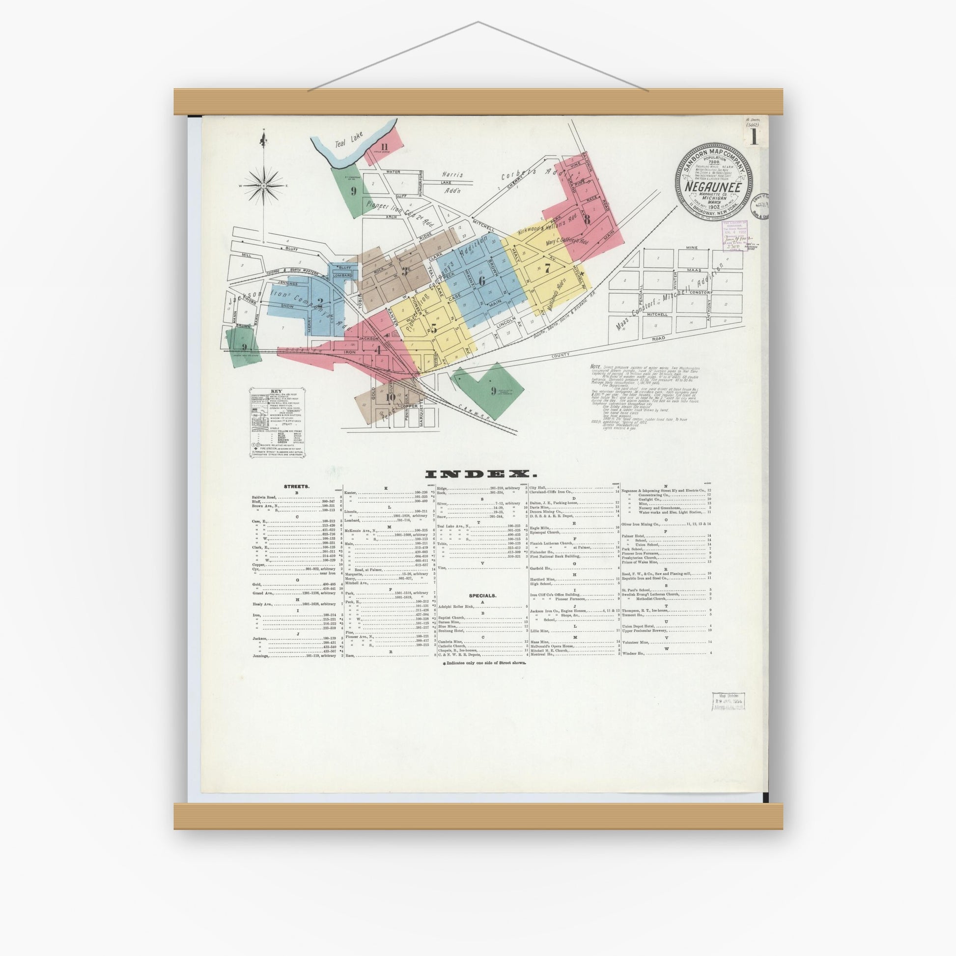 Old map wall art mockup — magnetic wood frame on white wall — Sanborn Fire Insurance Map from Negaunee, Marquette County, Michigan (1902) - Complete Map Set