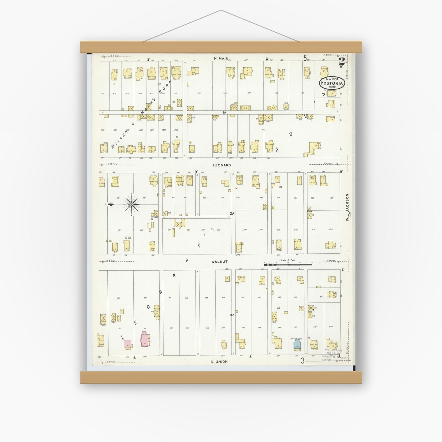 Old map wall art mockup — magnetic wood frame on white wall — Sanborn Fire Insurance Map from Fostoria, Seneca, Hancock, And Wood Counties, Ohio (1908), Sheet #0002