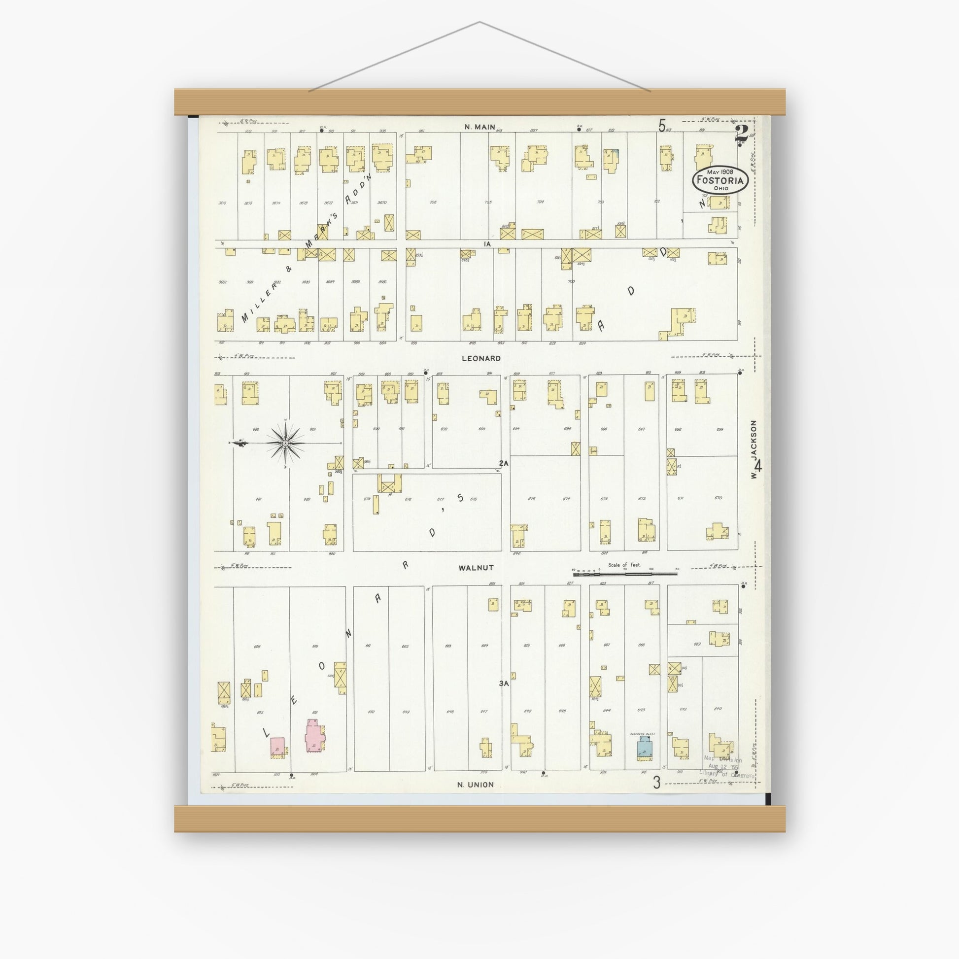 Old map wall art mockup — magnetic wood frame on white wall — Sanborn Fire Insurance Map from Fostoria, Seneca, Hancock, And Wood Counties, Ohio (1908), Sheet #0002