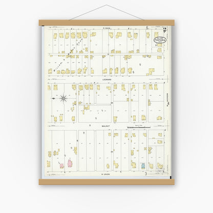 Old map wall art mockup — magnetic wood frame on white wall — Sanborn Fire Insurance Map from Fostoria, Seneca, Hancock, And Wood Counties, Ohio (1908), Sheet #0002