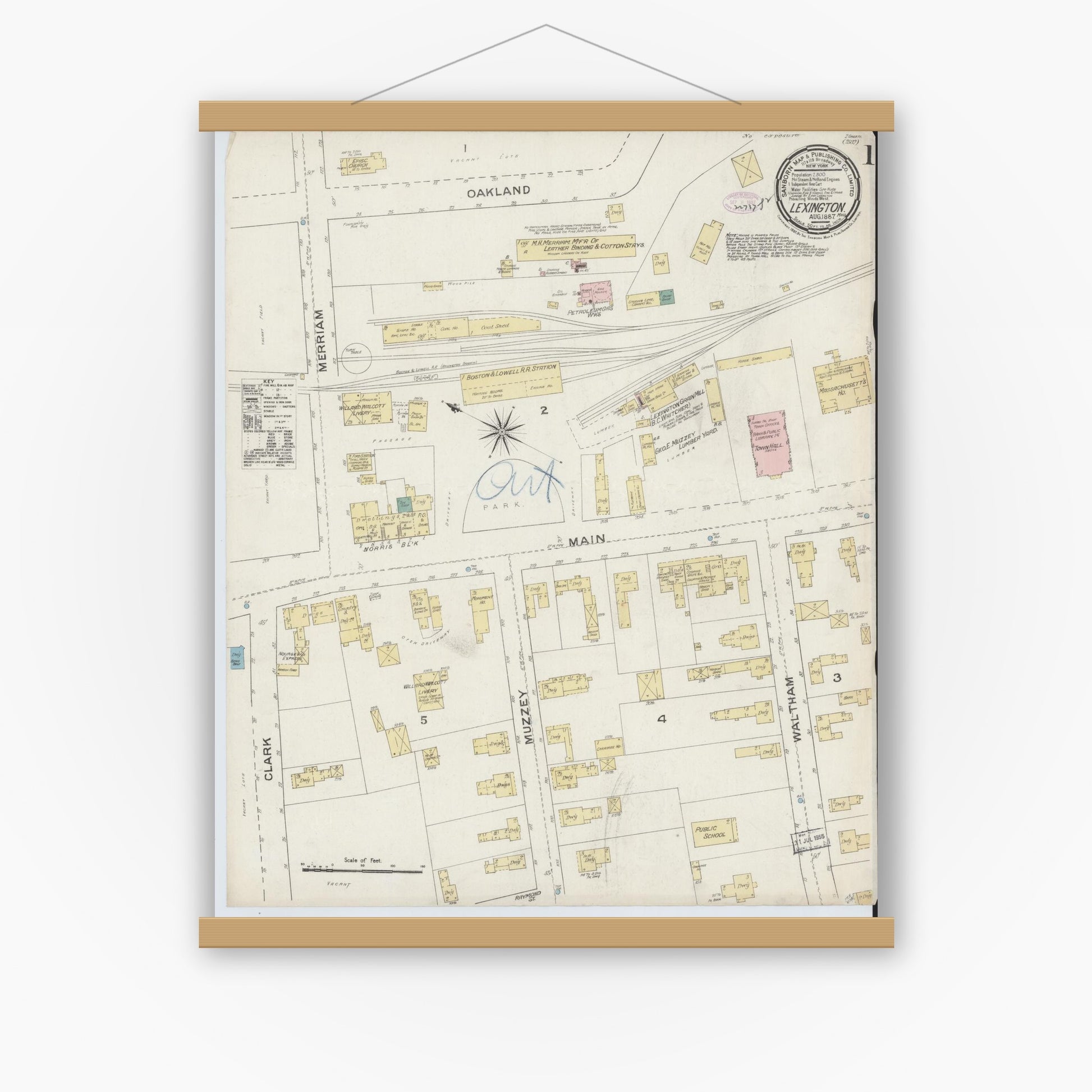 Old map wall art mockup — magnetic wood frame on white wall — Sanborn Fire Insurance Map from Lexington, Middlesex County, Massachusetts (1887), Sheet #0001
