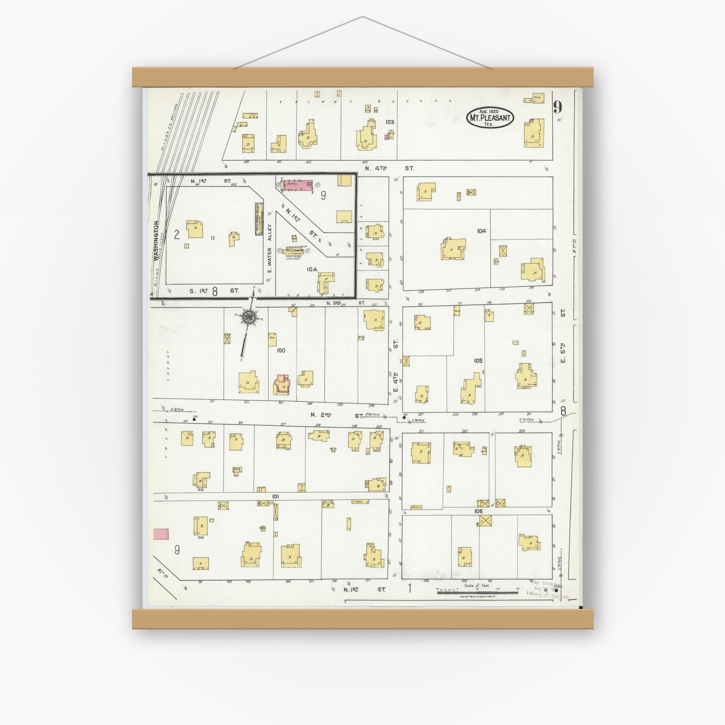 Old map wall art mockup — magnetic wood frame on white wall — Sanborn Fire Insurance Map from Mount Pleasant, Titus County, Texas (1920), Sheet #0009