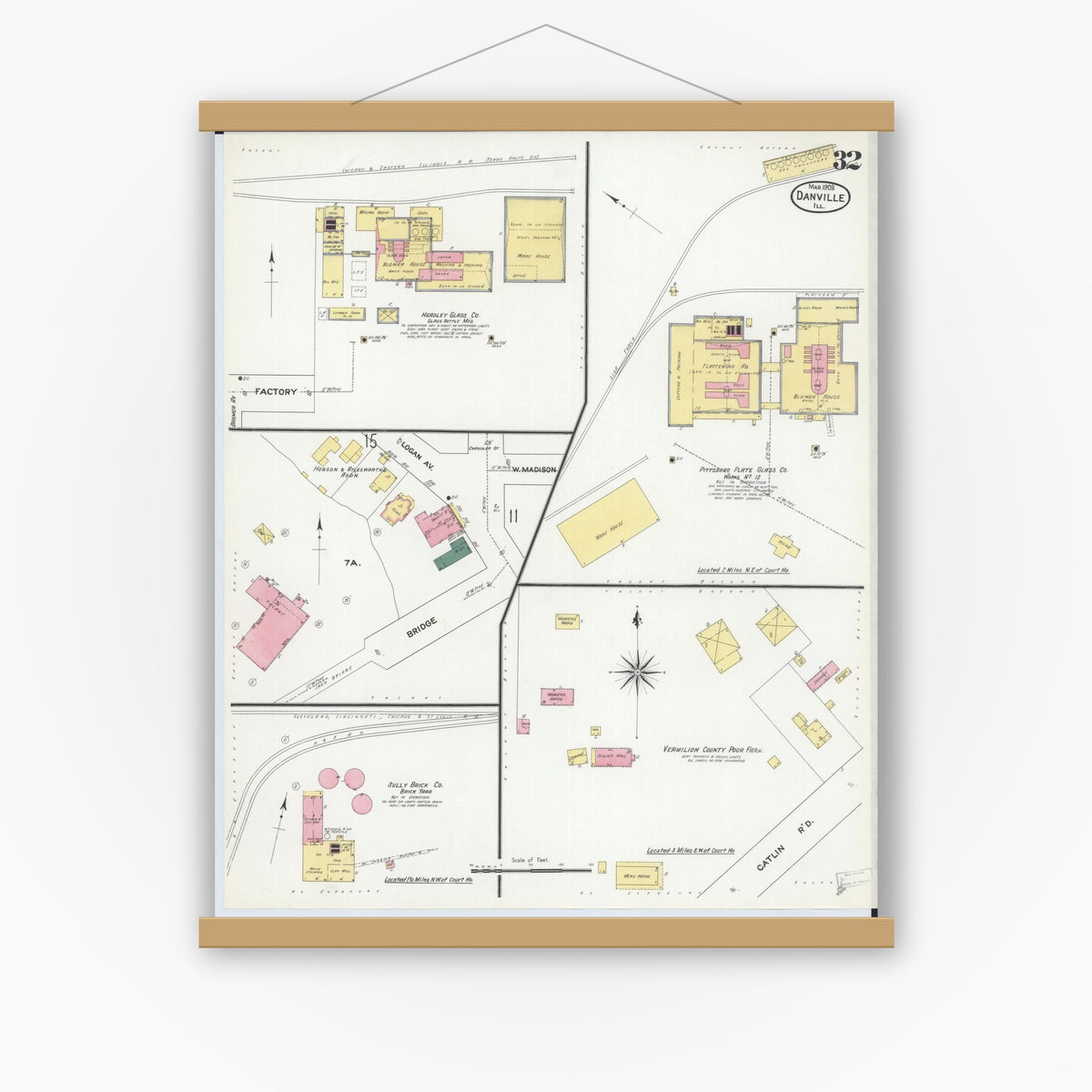 Old map wall art mockup — magnetic wood frame on white wall — Sanborn Fire Insurance Map from Danville, Vermilion County, Illinois (1909), Sheet #0032