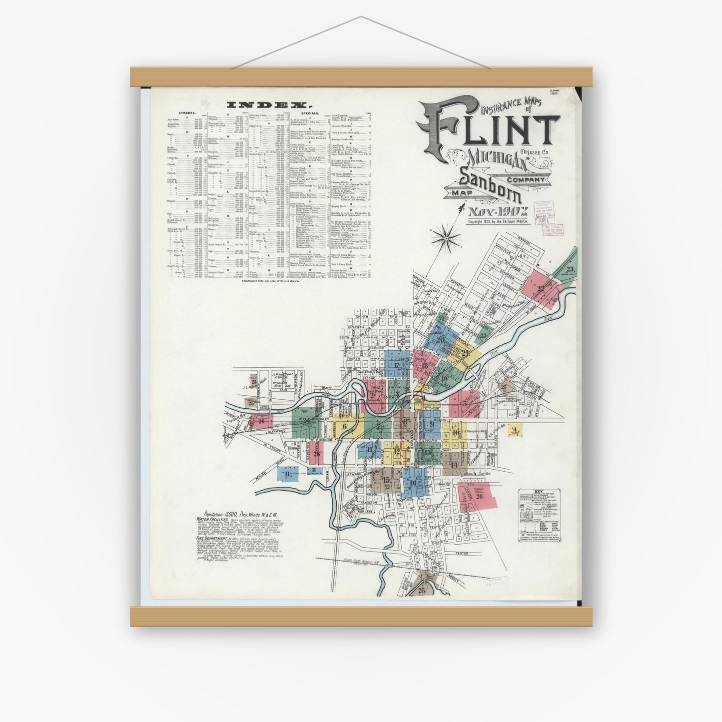 Old map wall art mockup — magnetic wood frame on white wall — Sanborn Fire Insurance Map from Flint, Genesee County, Michigan (1902) - Complete Map Set
