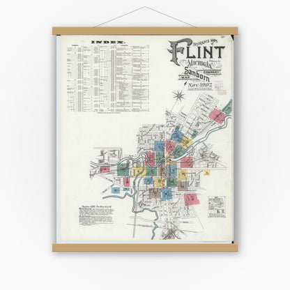 Old map wall art mockup — magnetic wood frame on white wall — Sanborn Fire Insurance Map from Flint, Genesee County, Michigan (1902) - Complete Map Set