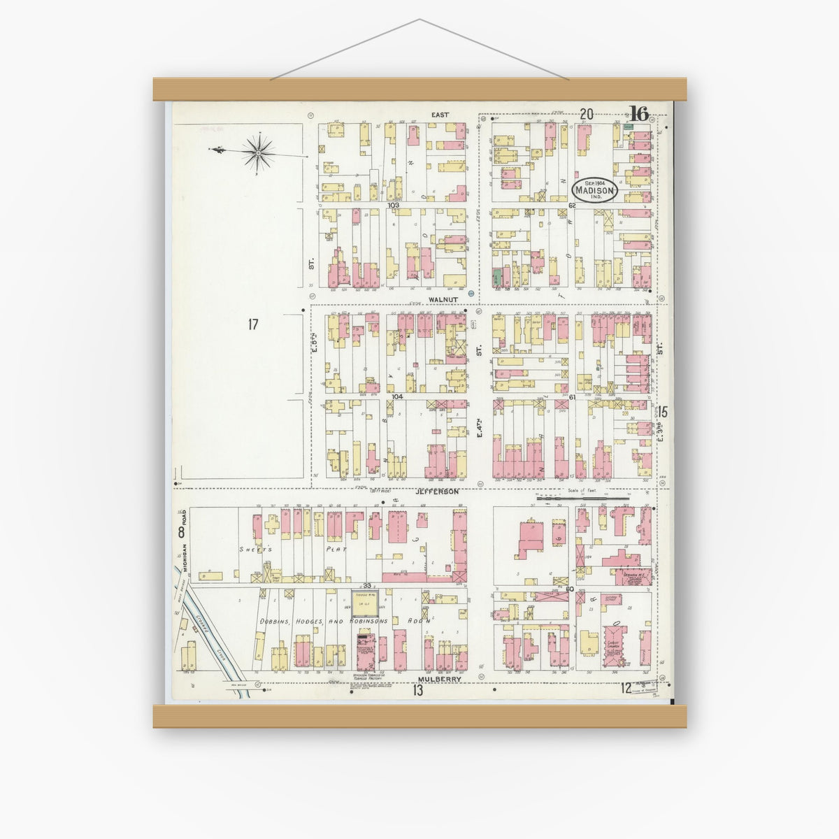 Old map wall art mockup — magnetic wood frame on white wall — Sanborn Fire Insurance Map from Madison, Jefferson County, Indiana (1904), Sheet #0016