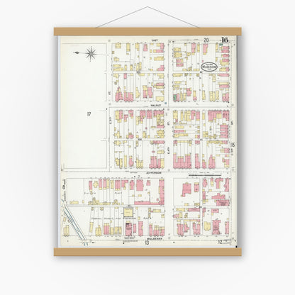 Old map wall art mockup — magnetic wood frame on white wall — Sanborn Fire Insurance Map from Madison, Jefferson County, Indiana (1904), Sheet #0016