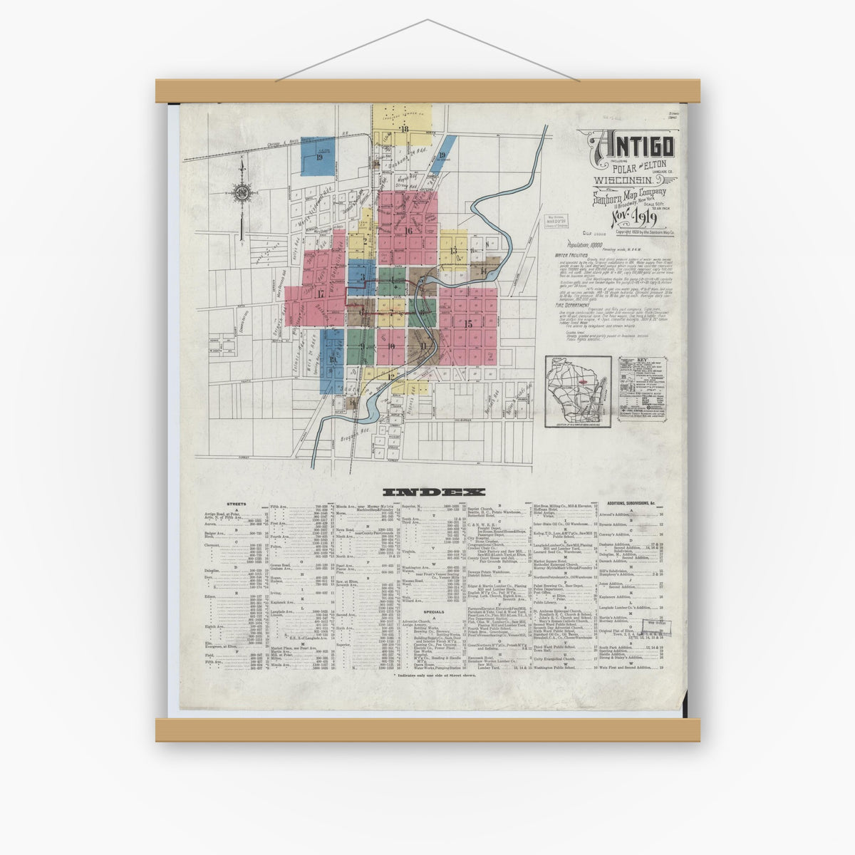 Old map wall art mockup — magnetic wood frame on white wall — Sanborn Fire Insurance Map from Antigo, Langlade County, Wisconsin (1919) - Complete Map Set