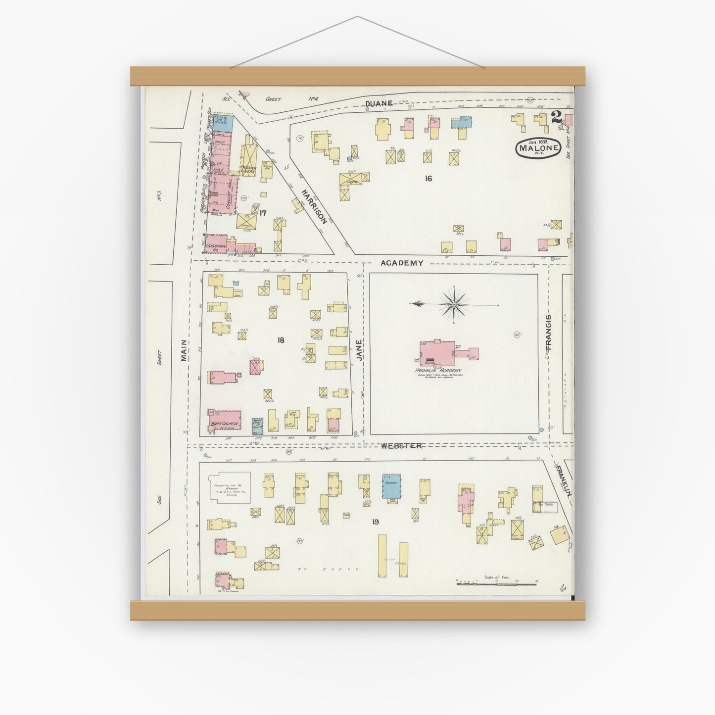 Old map wall art mockup — magnetic wood frame on white wall — Sanborn Fire Insurance Map from Malone, Franklin County, New York (1892) - Complete Map Set