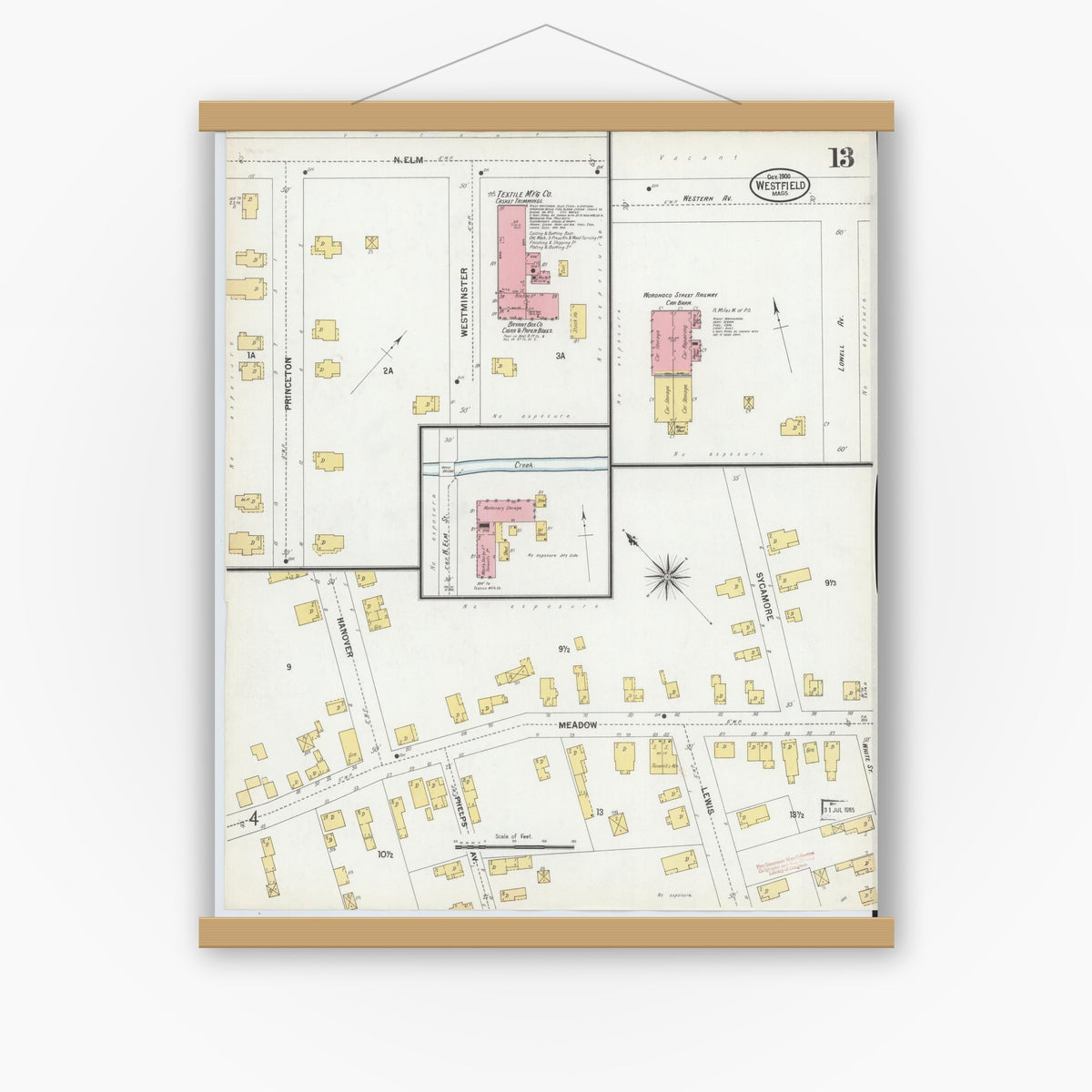 Old map wall art mockup — magnetic wood frame on white wall — Sanborn Fire Insurance Map from Westfield, Hampden County, Massachusetts (1900), Sheet #0013