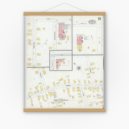 Old map wall art mockup — magnetic wood frame on white wall — Sanborn Fire Insurance Map from Westfield, Hampden County, Massachusetts (1900), Sheet #0013