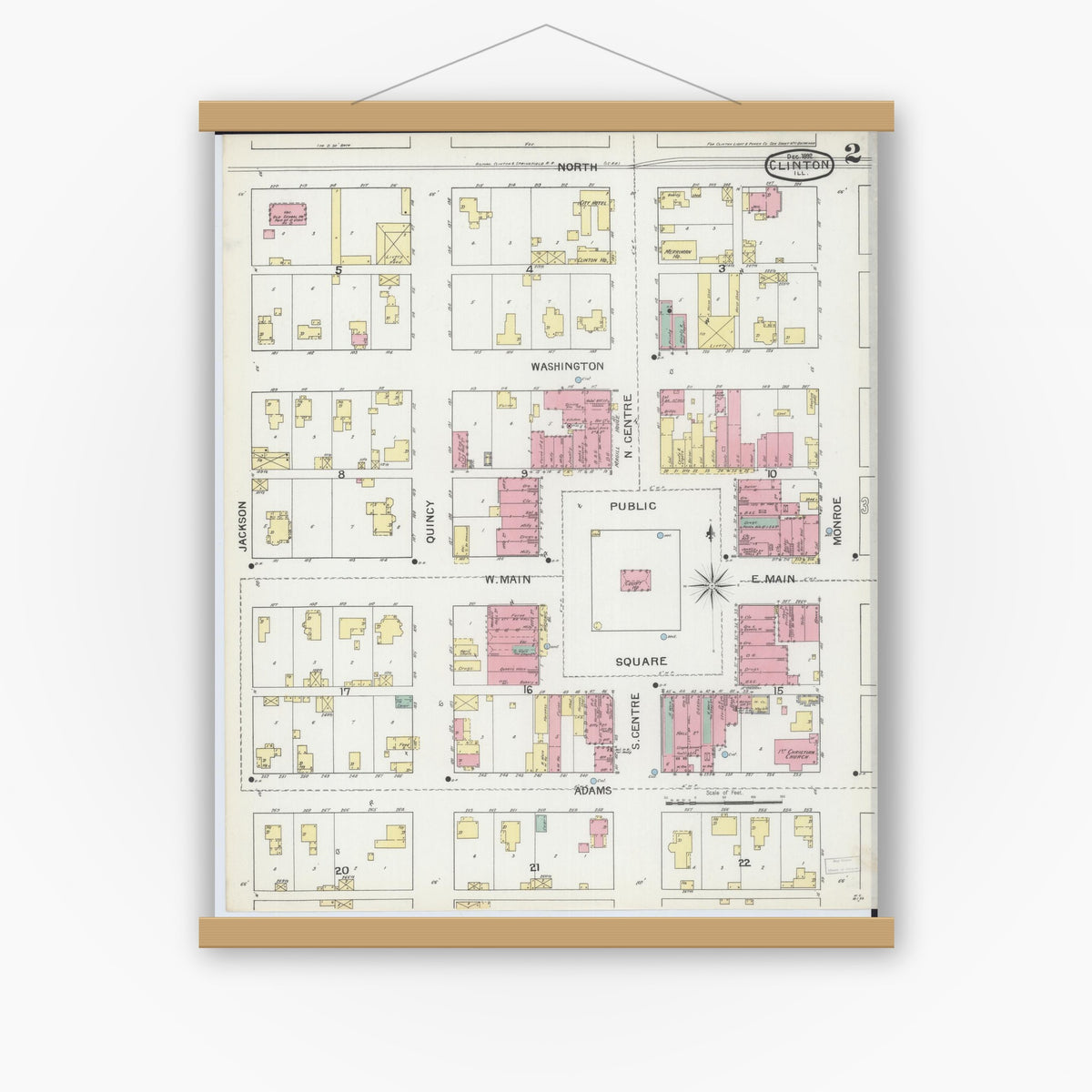 Old map wall art mockup — magnetic wood frame on white wall — Sanborn Fire Insurance Map from Clinton, De Witt County, Illinois (1892), Sheet #0002