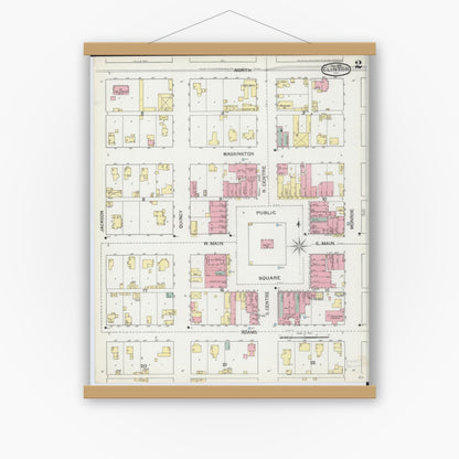 Old map wall art mockup — magnetic wood frame on white wall — Sanborn Fire Insurance Map from Clinton, De Witt County, Illinois (1892), Sheet #0002