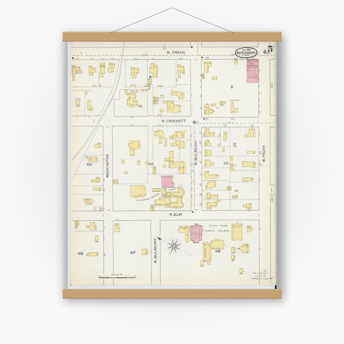 Old map wall art mockup — magnetic wood frame on white wall — Sanborn Fire Insurance Map from Sherman, Grayson County, Texas (1892), Sheet #0005