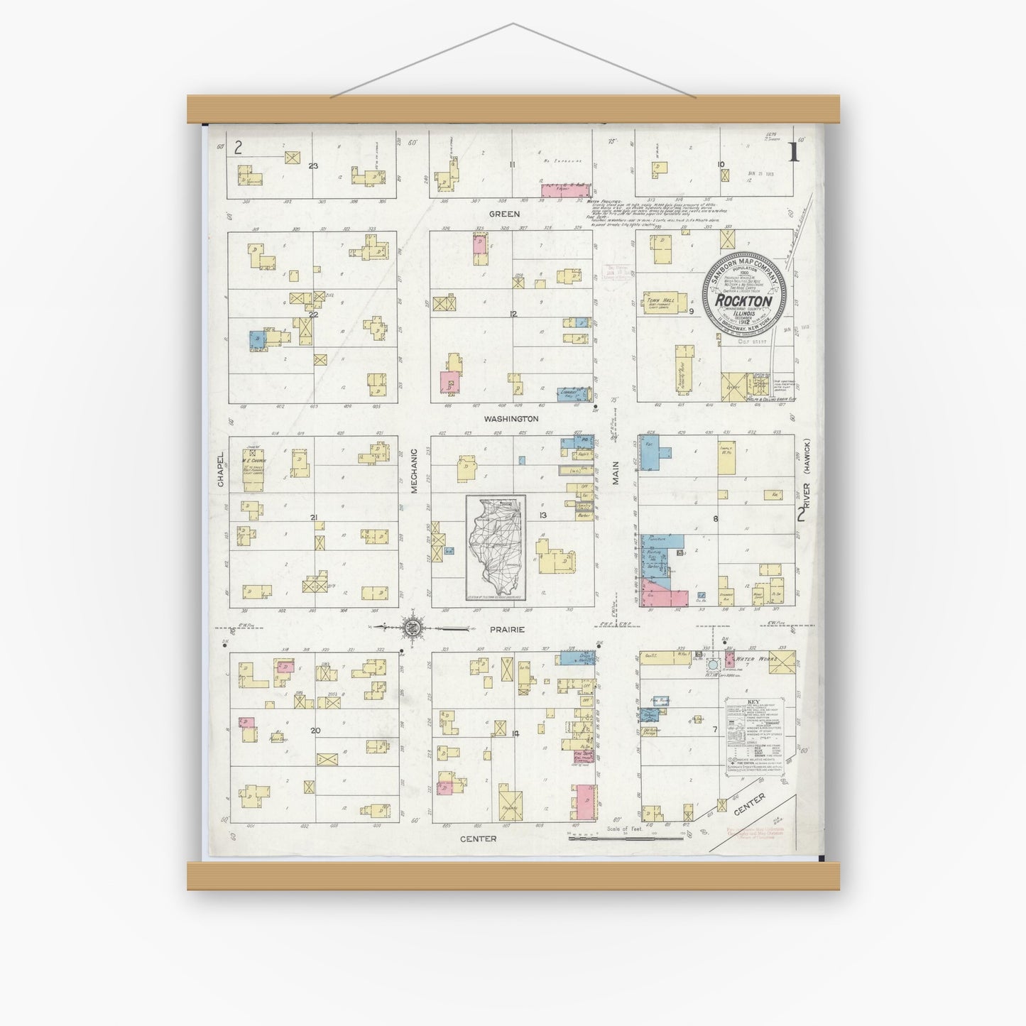 Old map wall art mockup — magnetic wood frame on white wall — Sanborn Fire Insurance Map from Rockton, Winnebago County, Illinois (1912) - Complete Map Set