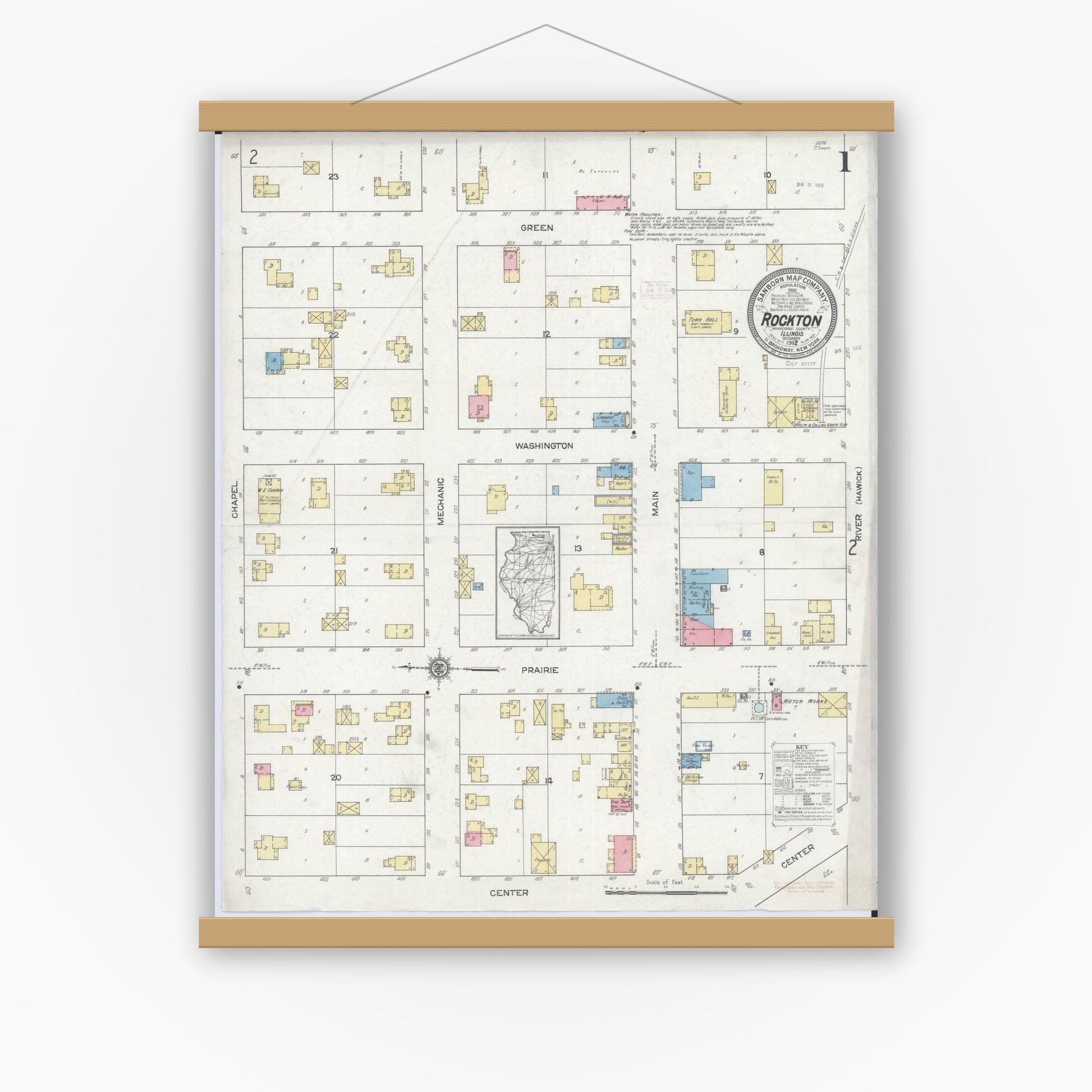 Old map wall art mockup — magnetic wood frame on white wall — Sanborn Fire Insurance Map from Rockton, Winnebago County, Illinois (1912) - Complete Map Set