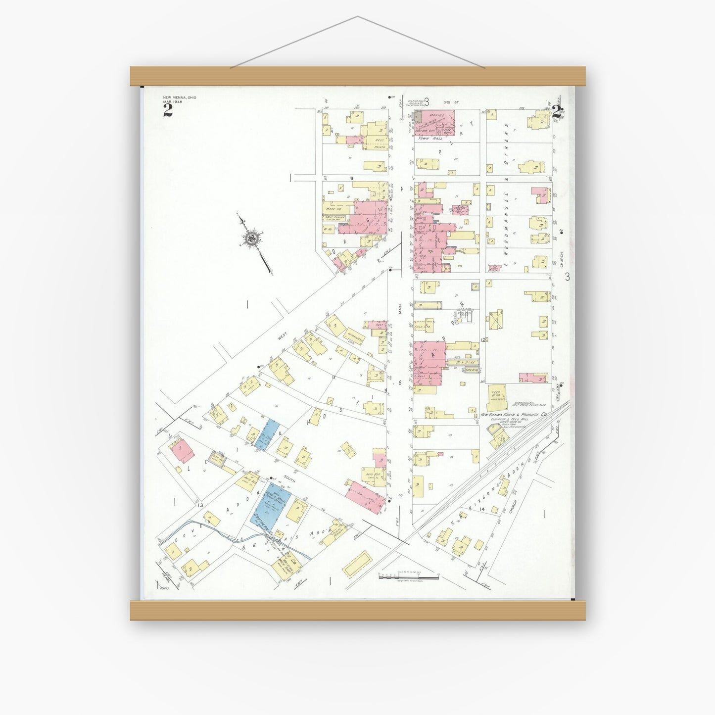 Old map wall art mockup — magnetic wood frame on white wall — Sanborn Fire Insurance Map from New Vienna, Clinton County, Ohio (1948), Sheet #0002
