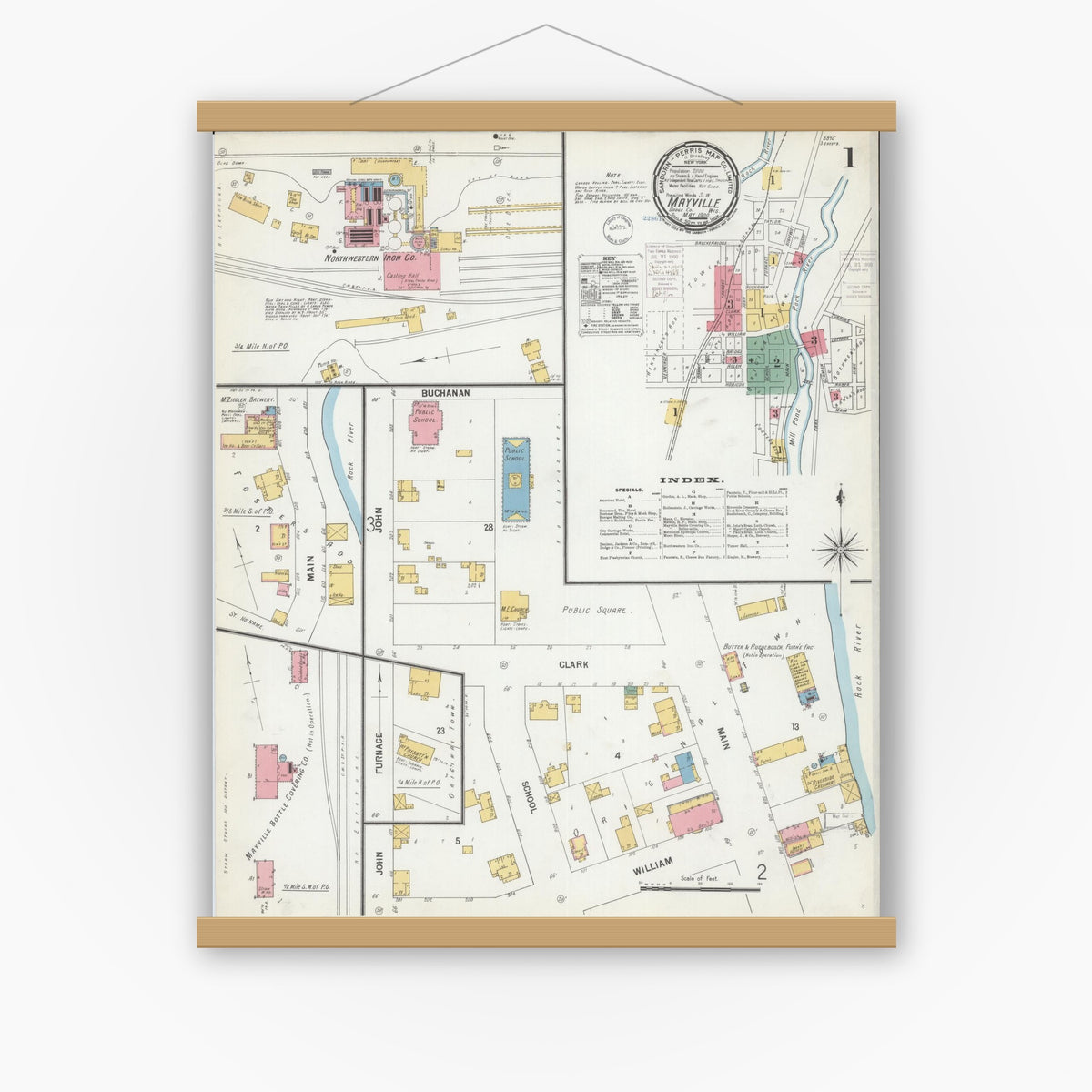 Old map wall art mockup — magnetic wood frame on white wall — Sanborn Fire Insurance Map from Mayville, Dodge County, Wisconsin (1900), Sheet #0001