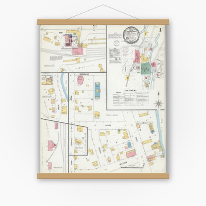 Old map wall art mockup — magnetic wood frame on white wall — Sanborn Fire Insurance Map from Mayville, Dodge County, Wisconsin (1900), Sheet #0001