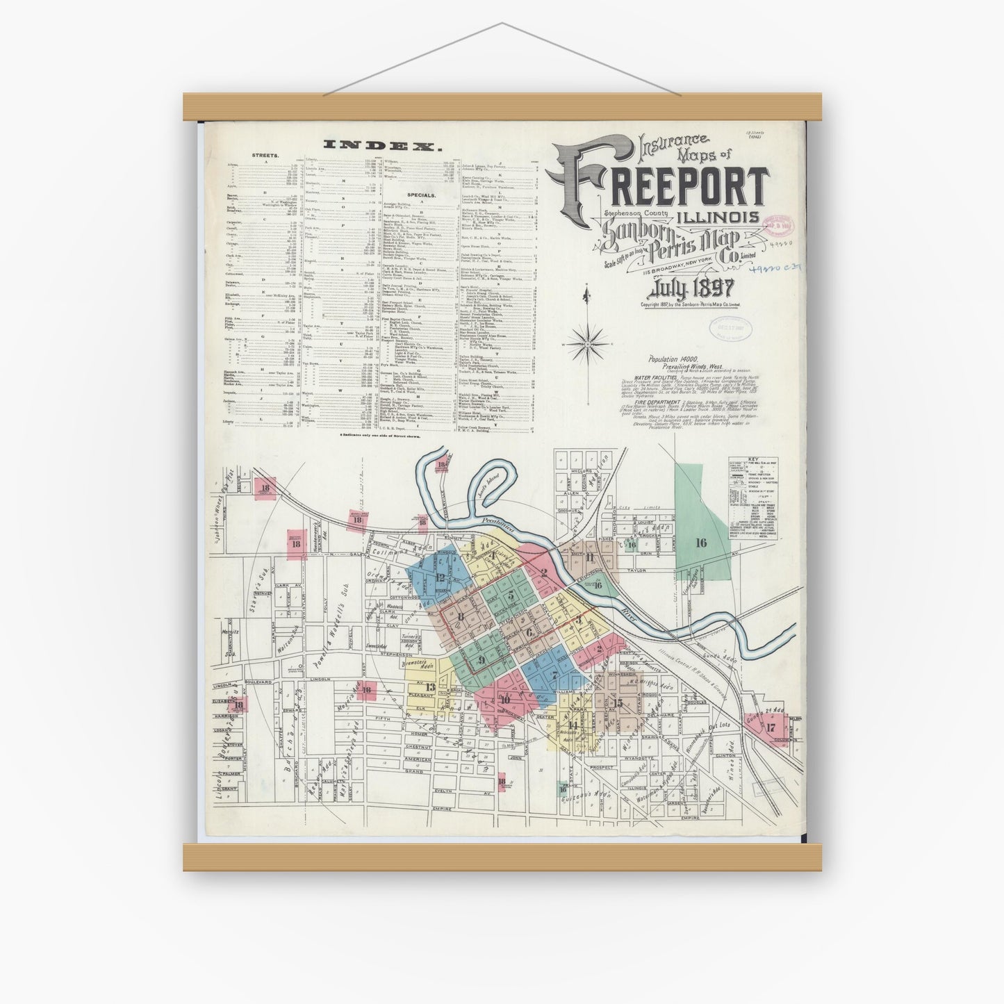 Old map wall art mockup — magnetic wood frame on white wall — Sanborn Fire Insurance Map from Freeport, Stephenson County, Illinois (1897), Sheet #0001